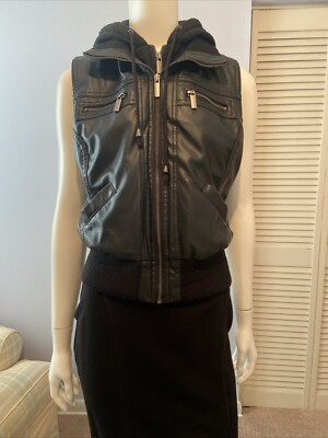 ASHLY by 26 International Black Faux Leather Double Zipper Vest Hoodie Sz M/L
