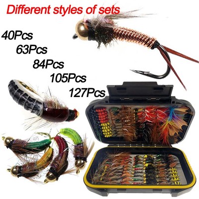 40-127Pcs/Box Fishing Fly Set Portable Trout Fly Fishing Waterproof Box