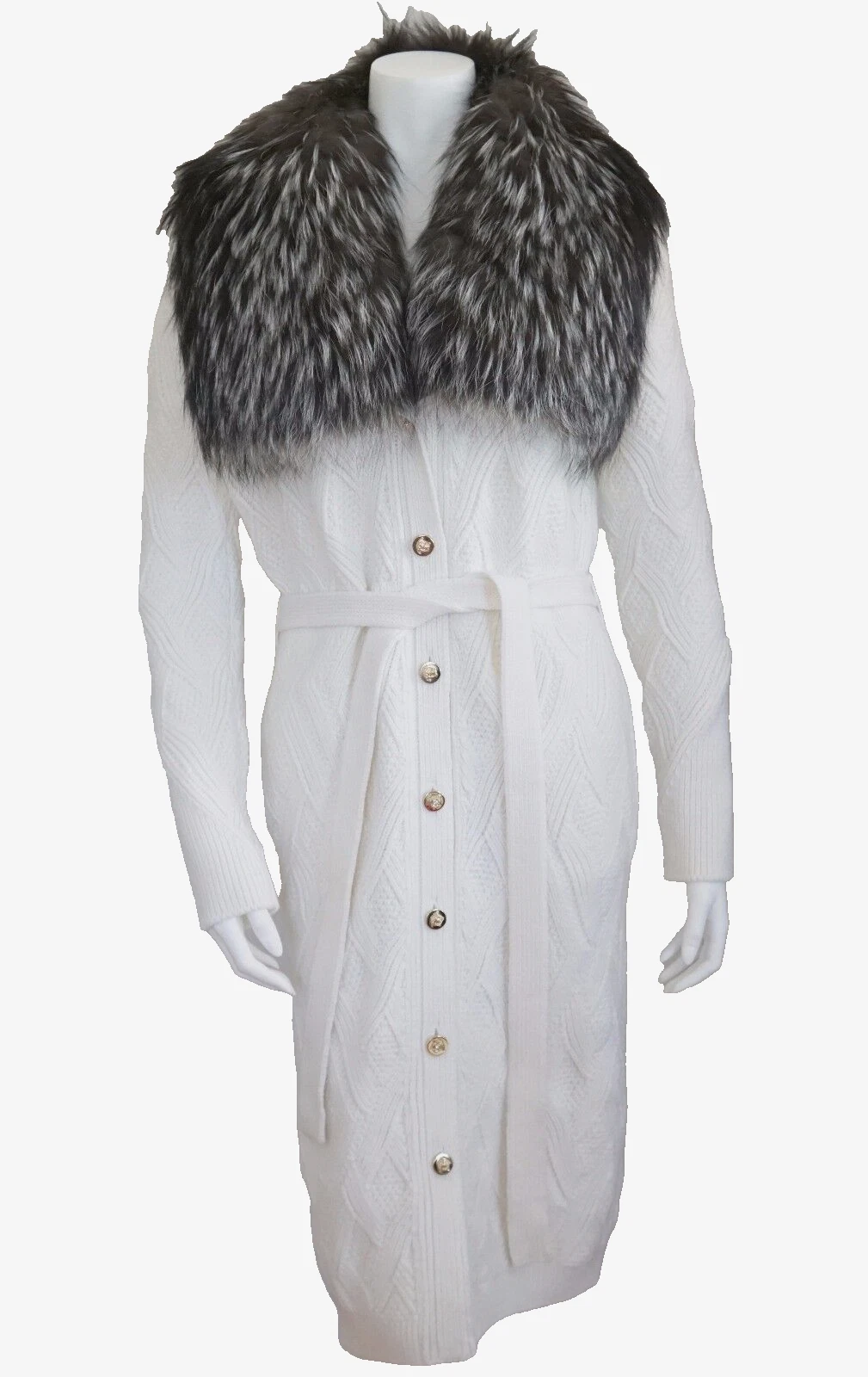 $3995 ?️VERSACE FOX FUR LANA MAGLIA cappotto cardigan con cintura Coatigan IT 40 US 6 S