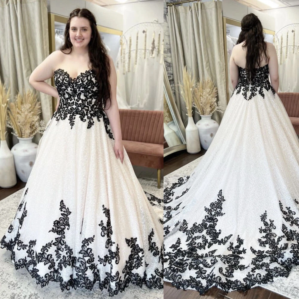 Gothic Black and White Wedding Dress Plus Size Strapless Sweep