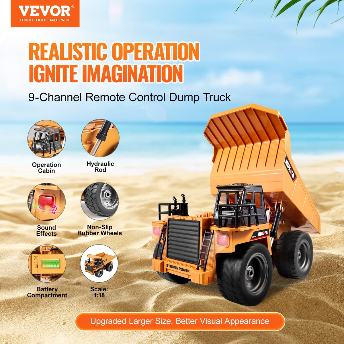Camion Benne Basculante Télécommandé VEVOR – échelle 1:18 – 9 Canaux – Charge 6 Lb – Jouet Construction – Neuf