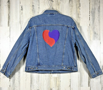 Custom Back Yin & Yang Heart Levi s Trucker Jacket XL Blue Denim Silver Buttons