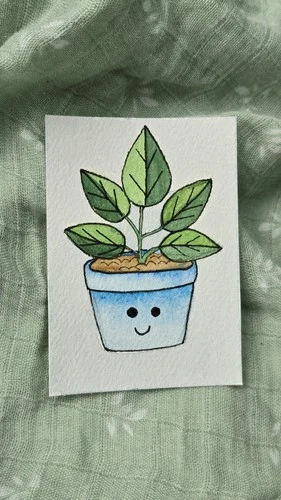 Smiling Ficus Plant Kawaii ACEO art card original by Sunspot Artistry OOAK