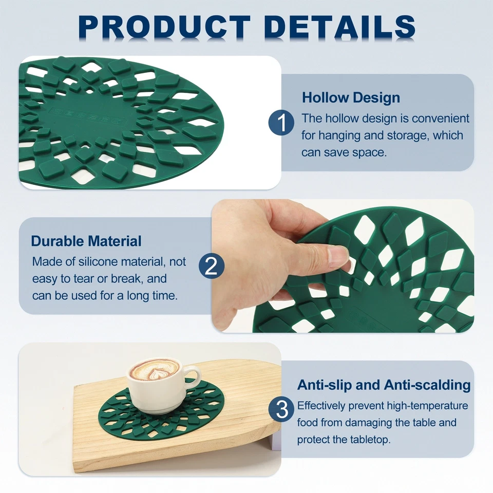 Juego de 2 alfombrillas trivet de silicona, remaches redondos de 6,7" para ollas calientes, verde oscuro Foto 3 de 4