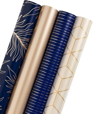 4 Rolls Gold, Navy Print Wrapping Paper, 30-in x 120-in, Jumbo, Cut Lines