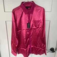 NWT Barry Wang Shirt Mens L Long Sleeve Metallic Pink Button Up- Silky Style