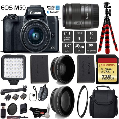 Canon EOS M50 Mirrorless Digital Camera with 15-45mm Lens + LED + UV FLD CPL