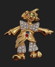 Vintage, signierte Puccini, goldfarben, Kristall Clown, seltene Anstecknadel Brosche