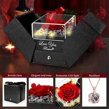 Real Preserved Red Rose with Necklace Auto LED Light Mother's day Gift!