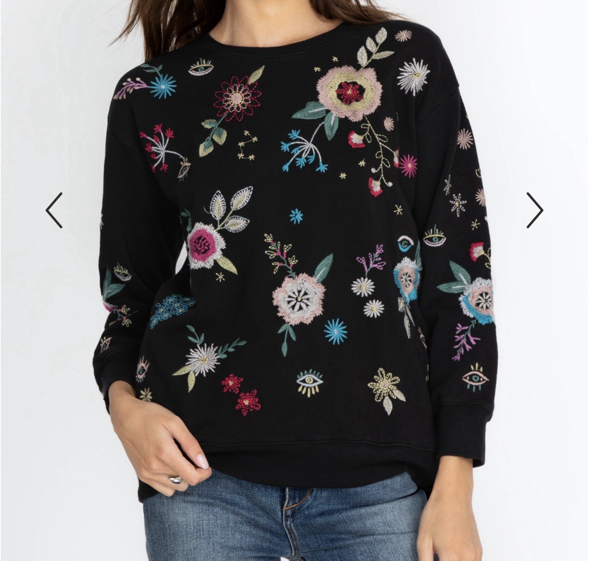 JOHNNY WAS Embroidered Martine Sweatshirt Women’s Sml Flowers Pockets 3/4 Sleeve