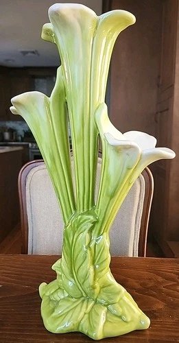 Vintage ROYAL HAEGER POTTERY 16.5" CHARTREUSE Green Triple Fluted Lily Vase R452