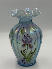 Fenton Misty Blue Iridescent Iris Vase 7” Signed Bill Fenton J Watson on The Hot Collector