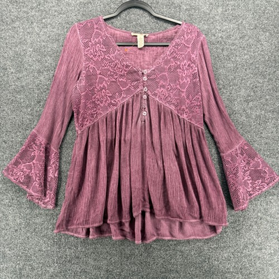 #ad Indigo Thread Top Womens L Purple Acid Wash Tunic Fairy Cottage Romantic Boho $24.99