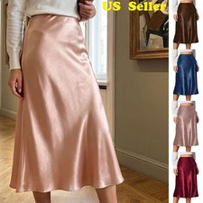 High Quality Women Satin Skirts Silk Midi Length Skirt High Waist Solid A-Line