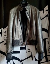DOLCE GABBANA SILVER LEATHER EVENING DRESS BOMBER RUNWAY JACKET 42 