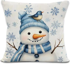 Blue Christmas Snowman Bird Throw Pillow Covers, Christmas Snowman Decor, Winter