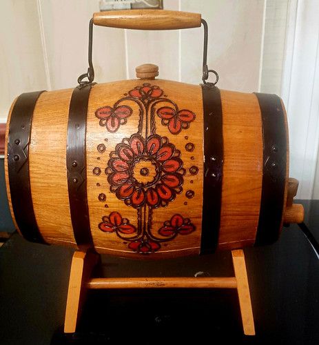 Vtg USSR Wooden Keg Whiskey Barrel Stand Liquor Dispenser Metal Straps Barware