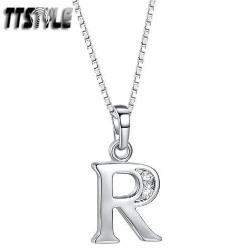 TTstyle 18K White Gold GP Letter R Pendant Necklace With 45/60cm Box Chain TTstyle 18K White Gold GP Letter R Pendant Necklace With 45/60cm Box Chain