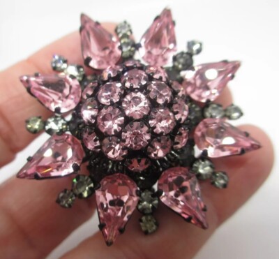 SCHREINER Style Unsigned Pink Topaz and Diamante Crystals Japanned