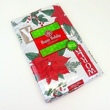 NEW Christmas Vinyl Tablecloth Poinsettia Holly Berry Winter Holiday 52" x 90"