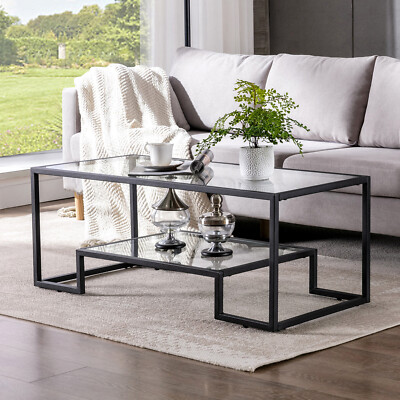 Modern Rectangle Glass Top Coffee Table Accent CocktailStorage Shelf Living Room