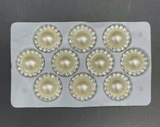 10pcs Ivory Pearl Rhinestone Round Flat Back Button Silver  20mm No Shanks