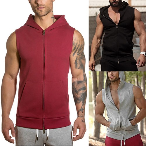 Sweat à Capuche Zippé Sans Manches Pour Homme - Débardeur à Capuche Sport Tendance Contrasté
