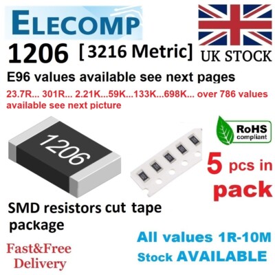 1206 SMD PRECISION Widerstände 1% E96 Werte 127K-10,5M 5 Stück in Packung UK Lager