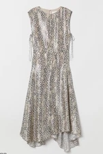 H&M Conscious 2 Midi Dress Light Beige Metallic Patterned Silk Blend Sleeveless 