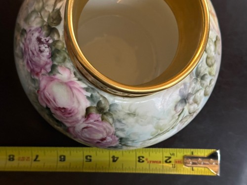 Vintage Porcelain Vase Jean Pouyat Limoges France Pink / Yellow Roses signed AMH - Picture 5 of 12