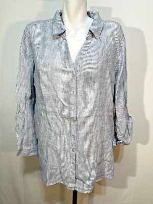 Sigrid Olsen Women Linen Top Blouse Shirt Tunic 2X Blue White Striped New NWT