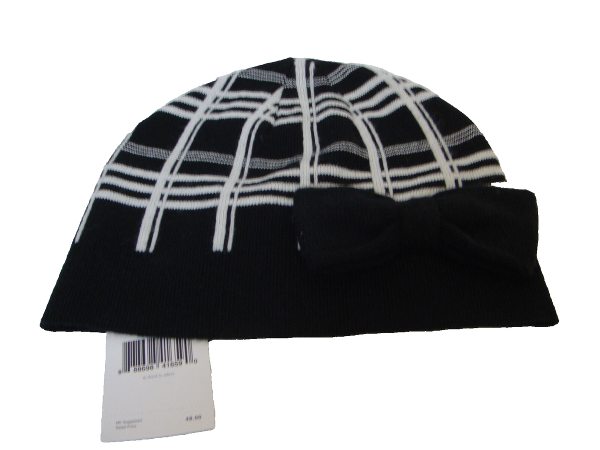 Kate Spade New York scuba plaid beanie hat with Bow Black White