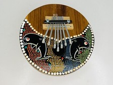 Hand Painted Wood & Coconut Karimba Kalimba Thumb Piano Harp Dolphins 6"