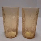 Set Of 2 Vtg Anchor Hocking Hickory Wood Grain Amber Textured Glass Tumbler 5.5”