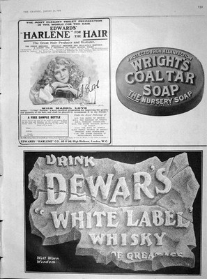 Original alter antiker Druck 1904 Dewars White Label Whisky Wrights Kohlenteer Seife