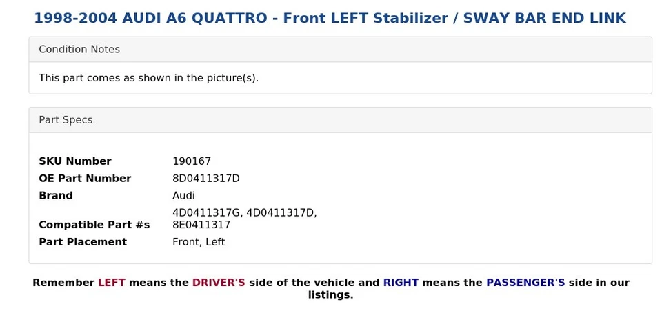 AUDI A6 QUATTRO 1998-2004 - Estabilizador delantero izquierdo/barra estabilizadora enlace final Foto 4 de 4