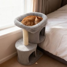 26" Small Cat Tree w/Large Padded Plush Perch, 2 Condos, Sisal Scratching Posts
