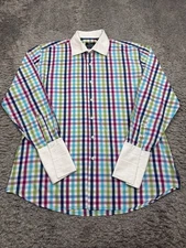 Steven Land Shirt Men 17.5 36/37 Tall Modern Pastel Plaid French Cuff Cutaway