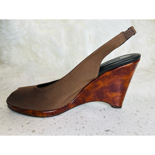 Vintage Donald J Pliner Sz 7.5 Latte Tortoiseshell Wedge Peep Slingback Sandal