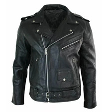 Men's Motorcycle Leather jacket Genuine Buffalo Skin Brando Style Black Biker.