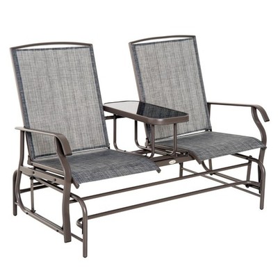 Outdoor Glider Bench for 2: Steel Frame, Mesh Seats, Tempered Glass Table