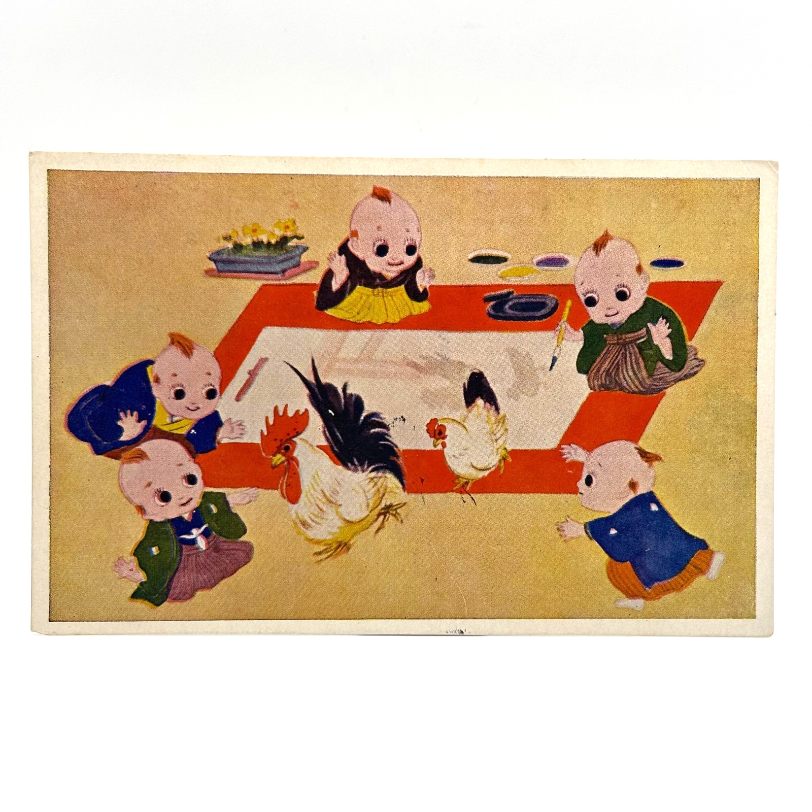 Pre-War Japan Kewpie Postcard 5 Babies Calligraphy Rooster Art c.1930s Cute