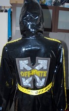 TOP Zustand Lack Hoch Glanz PVC Regenmantel + Kapuze + Gürtel Regen Jacke 34/XS