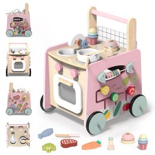 Wooden Baby Walker 4-in-1 with Push Walker Toys, Play Kitchen Accessories, To...