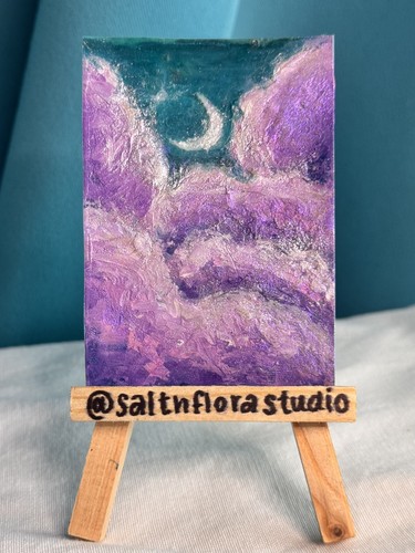 ACEO Original Oil Pastel Art Sweet Dreams Moon Pastel Clouds saltnflorastudio