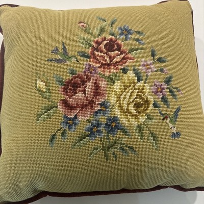 Vintage Needlepoint Floral hummingbird Pillow Sage color + Roses Wool & Velvet 