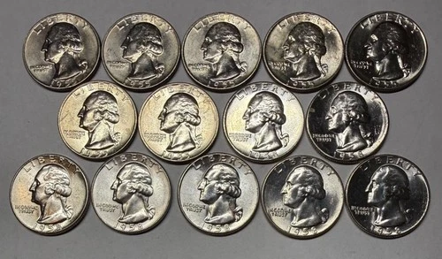 Lot of 14 Washington 90% Silver Quarters 1955D & 1958 All Brilliant Uncirculated