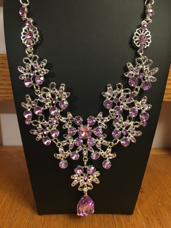 Decorative Silver Color Necklace Purple Rhinestones Earrings Set Fashion Jewelry