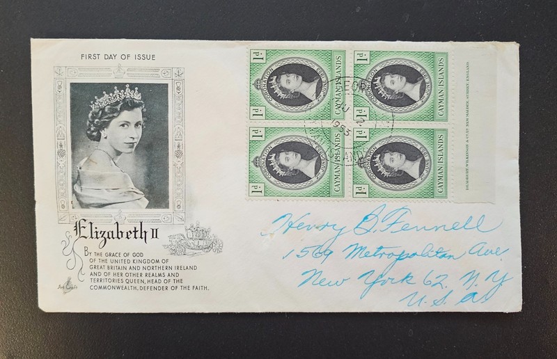 Cayman Islands Cover 1953 QEII Coronation FDC Sc 150. SG 162 CACHET BLOCK of 4 