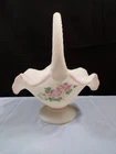 Fenton Hand Painted Satin Glass Large Basket - Pink Roses Design INV2